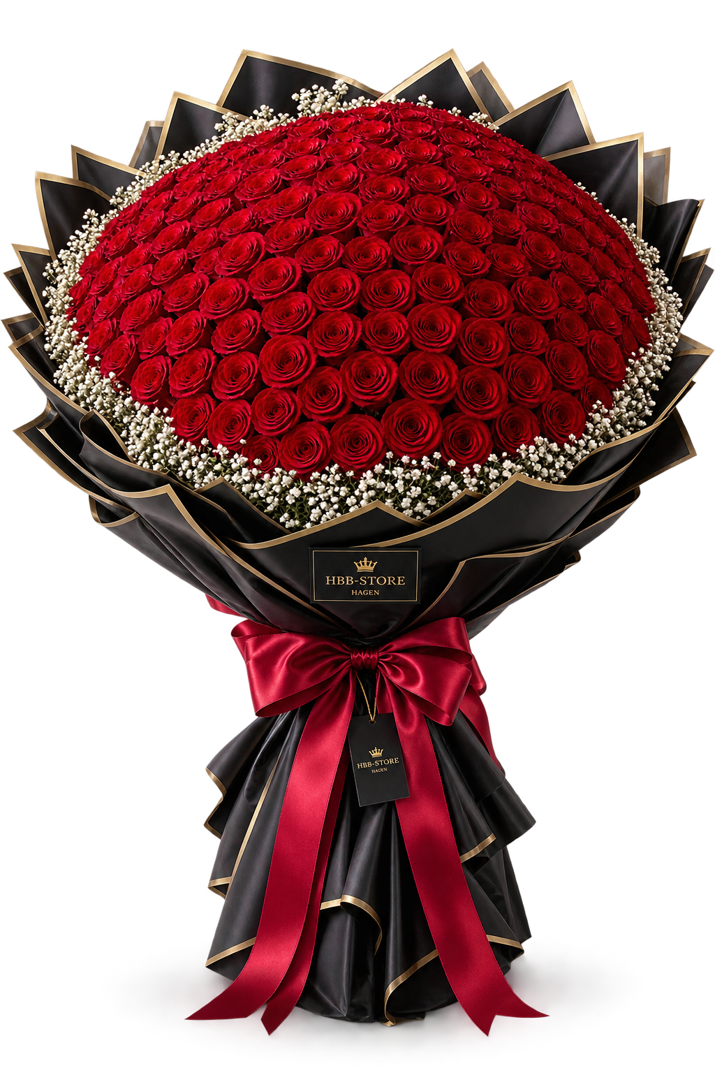 150 Rote Echte-Rosen mit Schleierkraut – Grand Luxusstrauß XXL