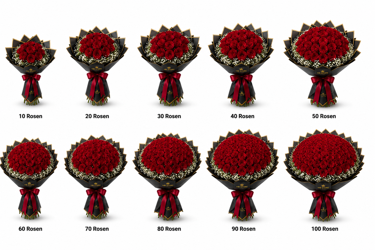 Rote Echte-Rosen mit Schleierkraut – Premium Rosenstrauß | 10–100 Rosen