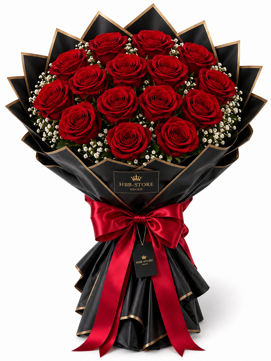 Rote Echte-Rosen mit Schleierkraut – Premium Rosenstrauß | 10–100 Rosen