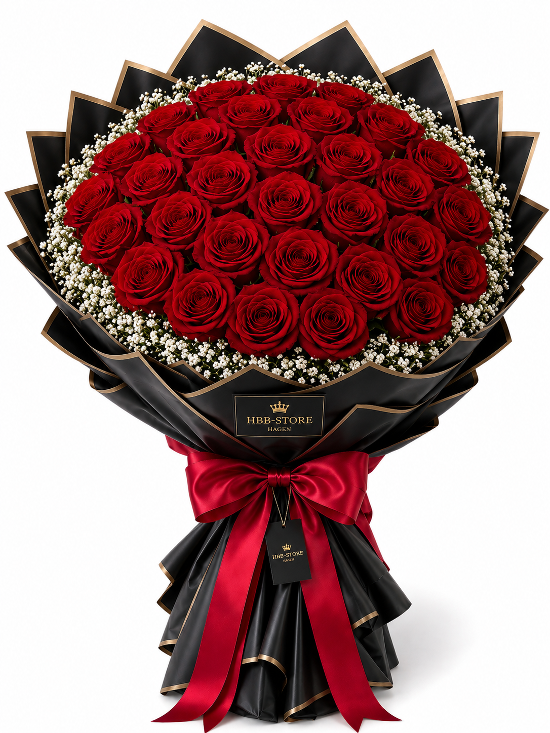 Rote Echte-Rosen mit Schleierkraut – Premium Rosenstrauß | 10–100 Rosen