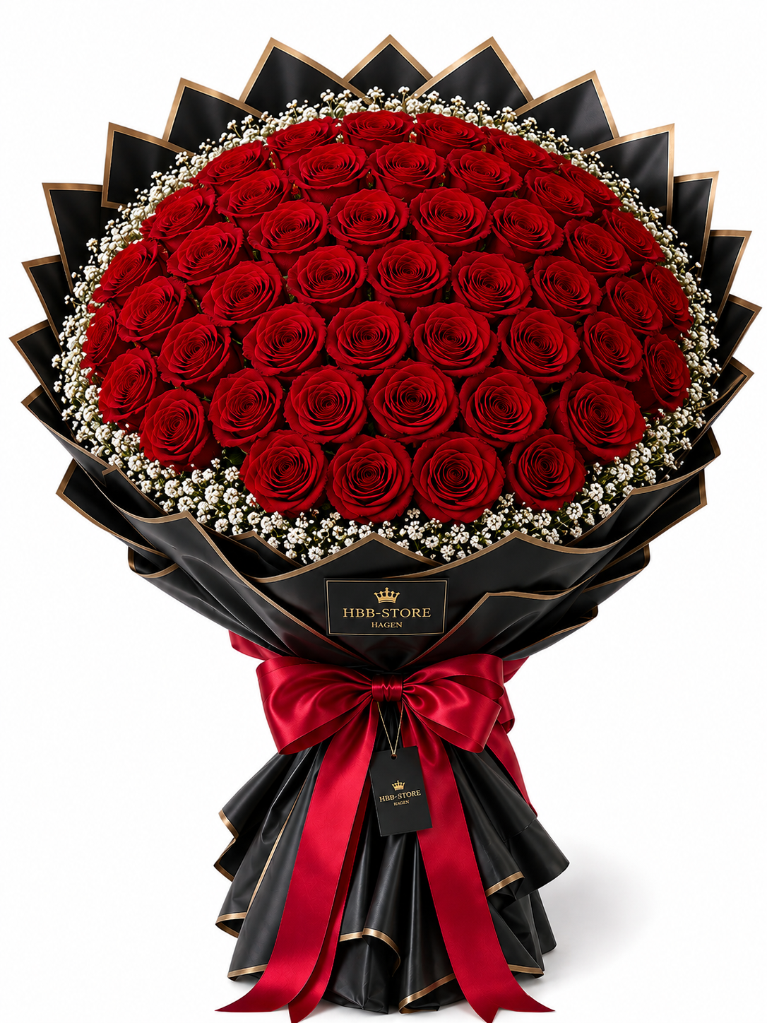 Rote Echte-Rosen mit Schleierkraut – Premium Rosenstrauß | 10–100 Rosen