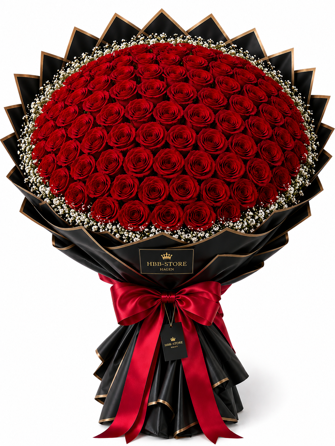 Rote Echte-Rosen mit Schleierkraut – Premium Rosenstrauß | 10–100 Rosen