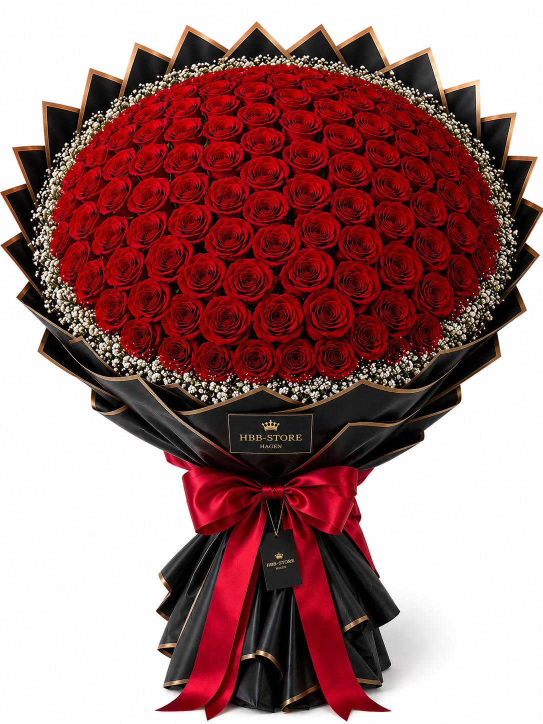 Rote Echte-Rosen mit Schleierkraut – Premium Rosenstrauß | 10–100 Rosen