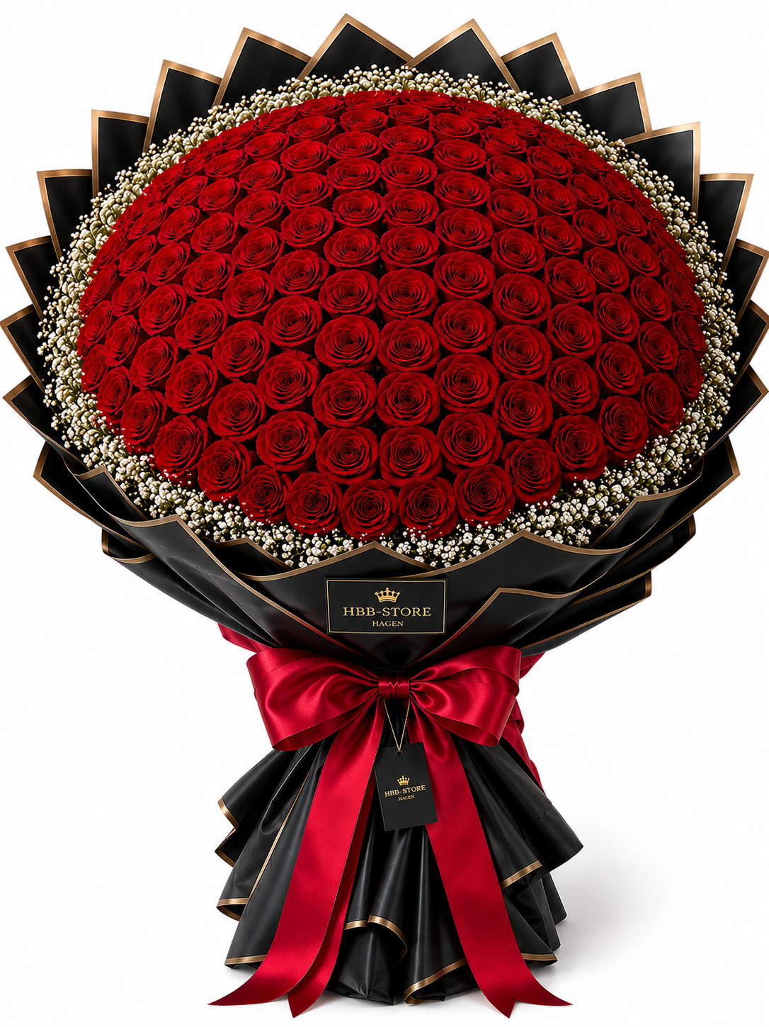 Rote Echte-Rosen mit Schleierkraut – Premium Rosenstrauß | 10–100 Rosen
