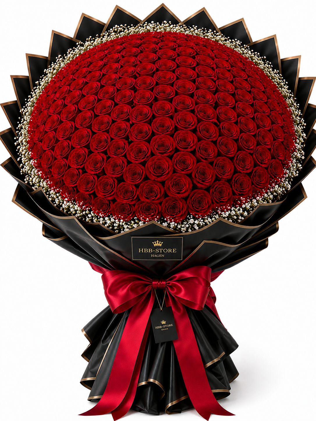 Rote Echte-Rosen mit Schleierkraut – Premium Rosenstrauß | 10–100 Rosen