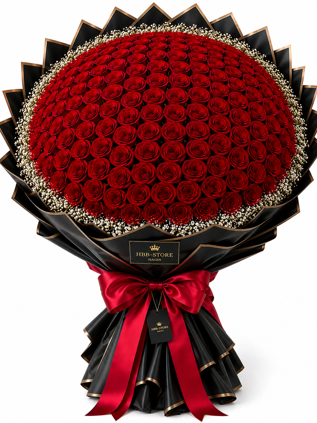 Rote Echte-Rosen mit Schleierkraut – Premium Rosenstrauß | 10–100 Rosen