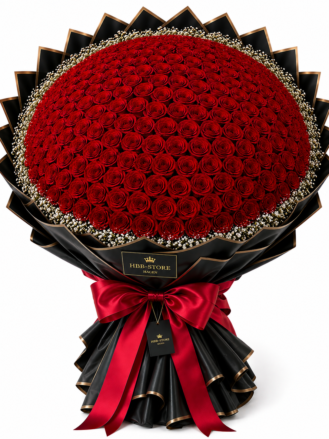 Rote Echte-Rosen mit Schleierkraut – Premium Rosenstrauß | 10–100 Rosen
