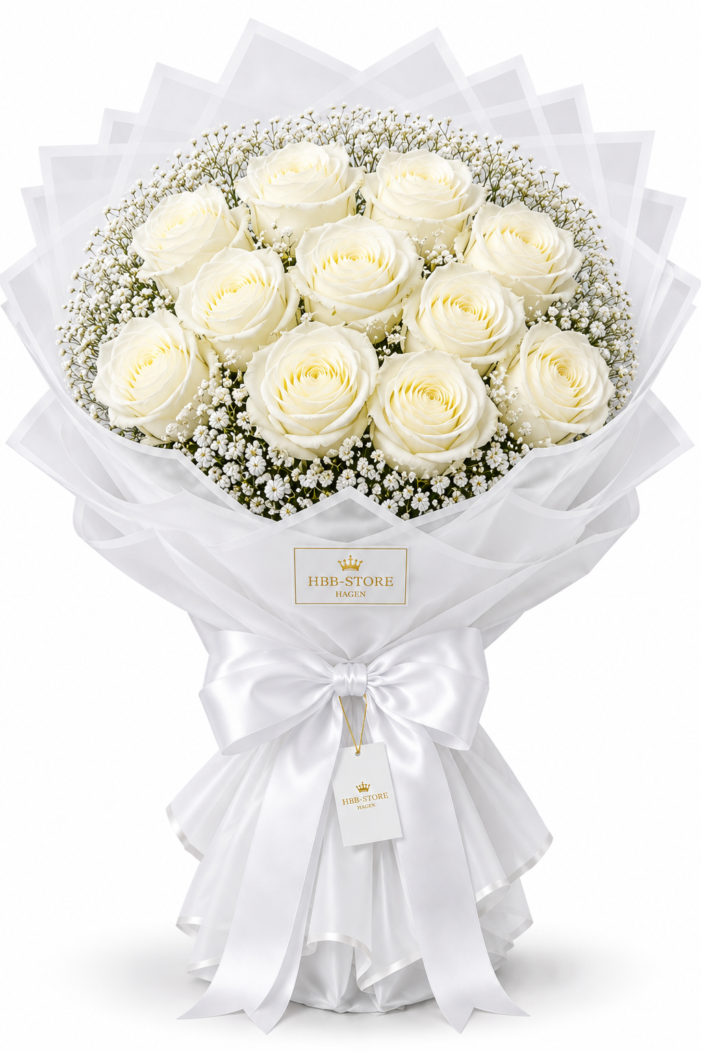 Weiße Echte-Rosen mit Schleierkraut – Premium Rosenstrauß | 10–100 Rosen