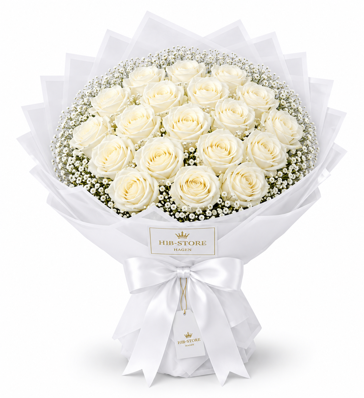 Weiße Echte-Rosen mit Schleierkraut – Premium Rosenstrauß | 10–100 Rosen