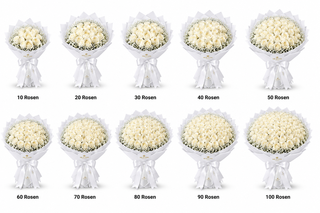 Weiße Echte-Rosen mit Schleierkraut – Premium Rosenstrauß | 10–100 Rosen