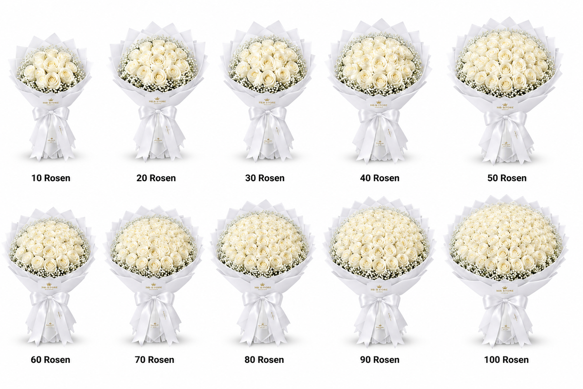 Weiße Echte-Rosen mit Schleierkraut – Premium Rosenstrauß | 10–100 Rosen