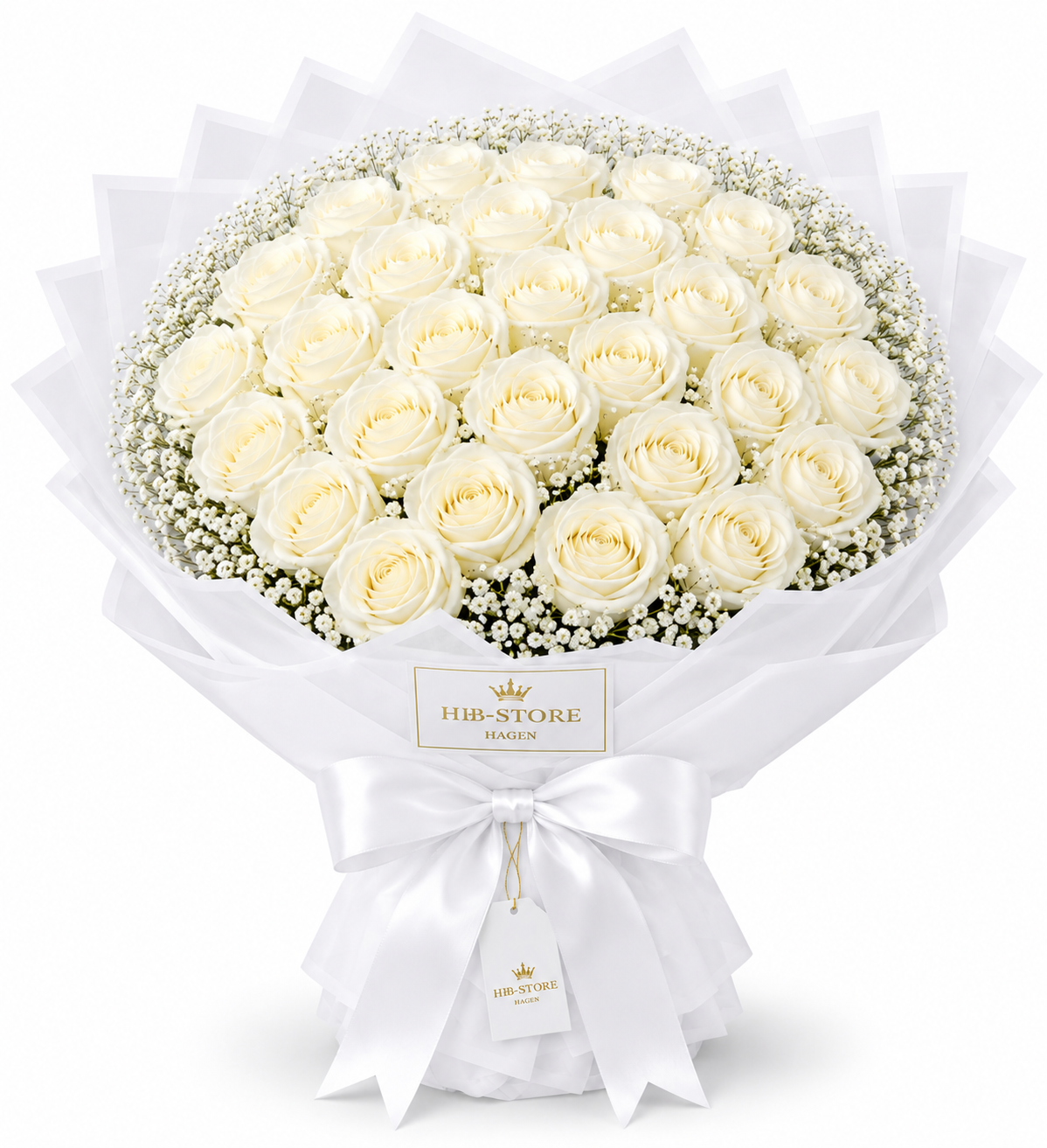 Weiße Echte-Rosen mit Schleierkraut – Premium Rosenstrauß | 10–100 Rosen