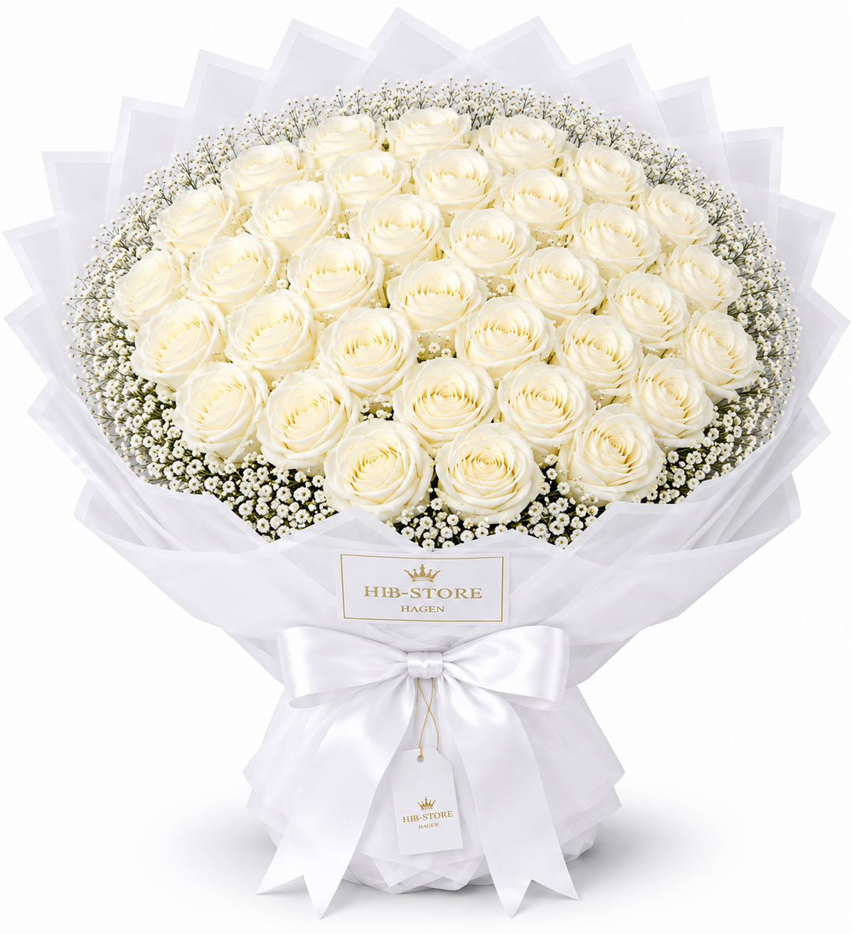 Weiße Echte-Rosen mit Schleierkraut – Premium Rosenstrauß | 10–100 Rosen