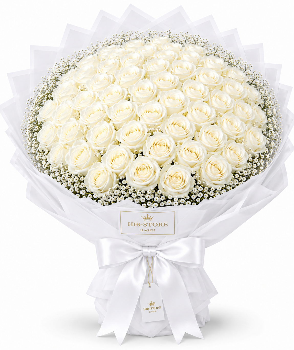Weiße Echte-Rosen mit Schleierkraut – Premium Rosenstrauß | 10–100 Rosen