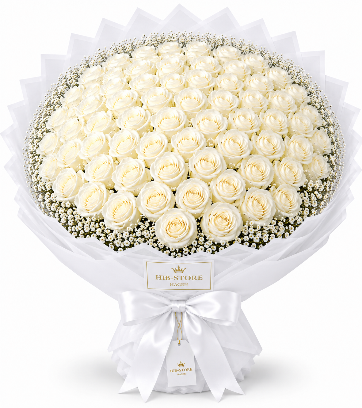 Weiße Echte-Rosen mit Schleierkraut – Premium Rosenstrauß | 10–100 Rosen