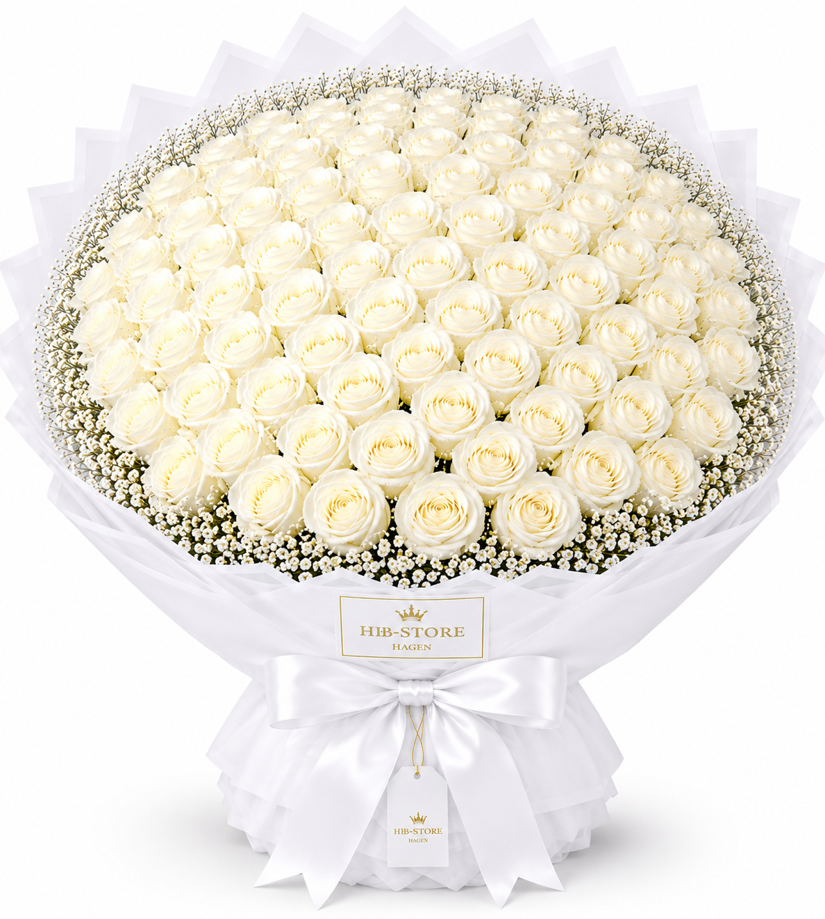Weiße Echte-Rosen mit Schleierkraut – Premium Rosenstrauß | 10–100 Rosen