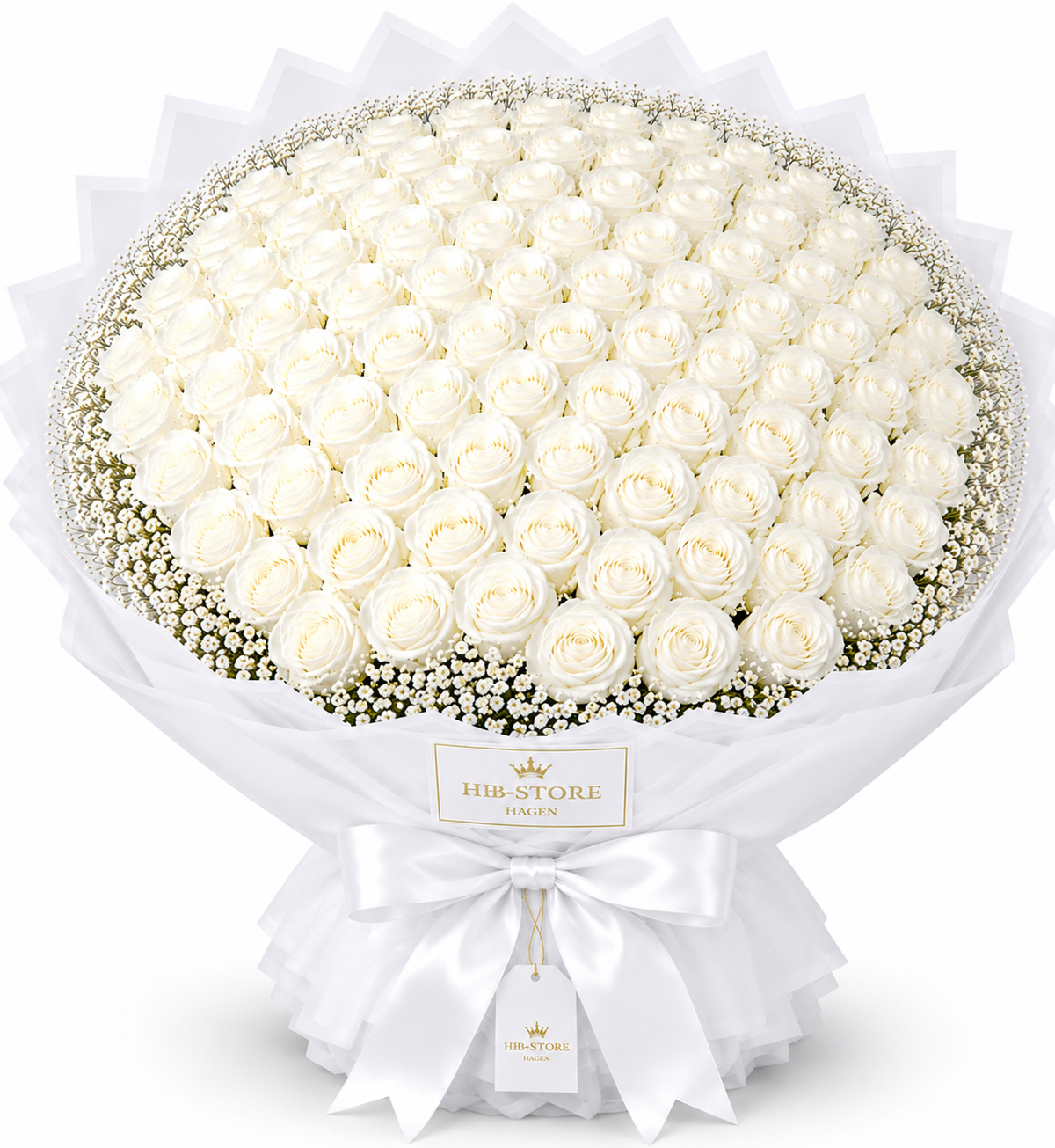 Weiße Echte-Rosen mit Schleierkraut – Premium Rosenstrauß | 10–100 Rosen