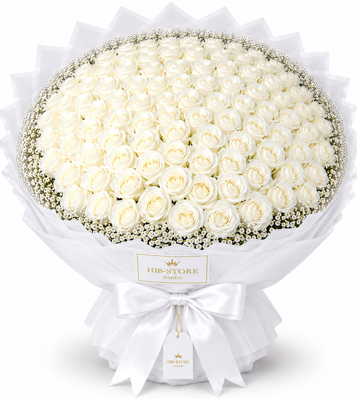 Weiße Echte-Rosen mit Schleierkraut – Premium Rosenstrauß | 10–100 Rosen