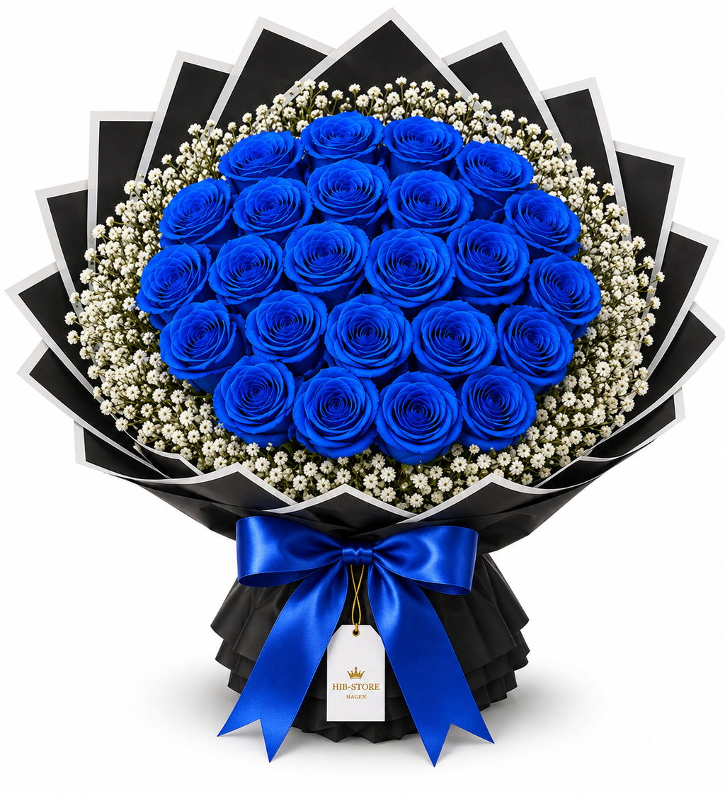 Blaue Echte-Rosen mit Schleierkraut – Premium Rosenstrauß | 25–100 Rosen