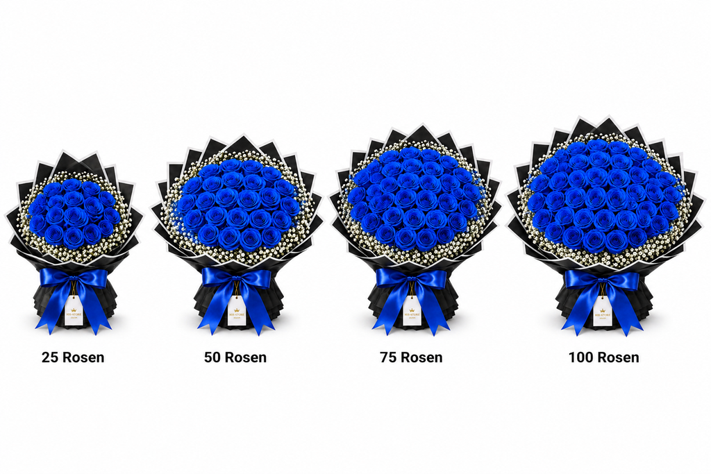 Blaue Echte-Rosen mit Schleierkraut – Premium Rosenstrauß | 25–100 Rosen