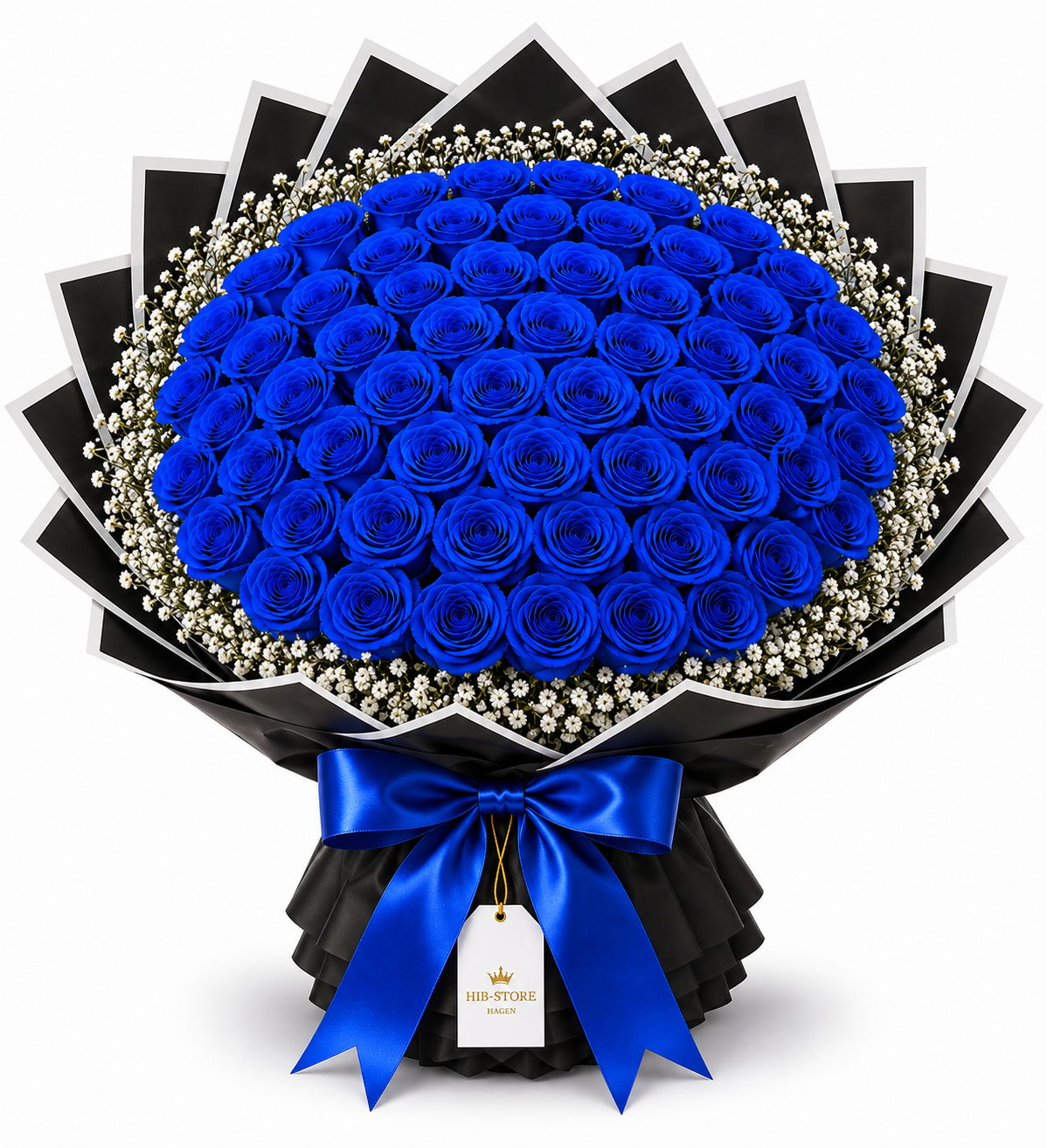 Blaue Echte-Rosen mit Schleierkraut – Premium Rosenstrauß | 25–100 Rosen