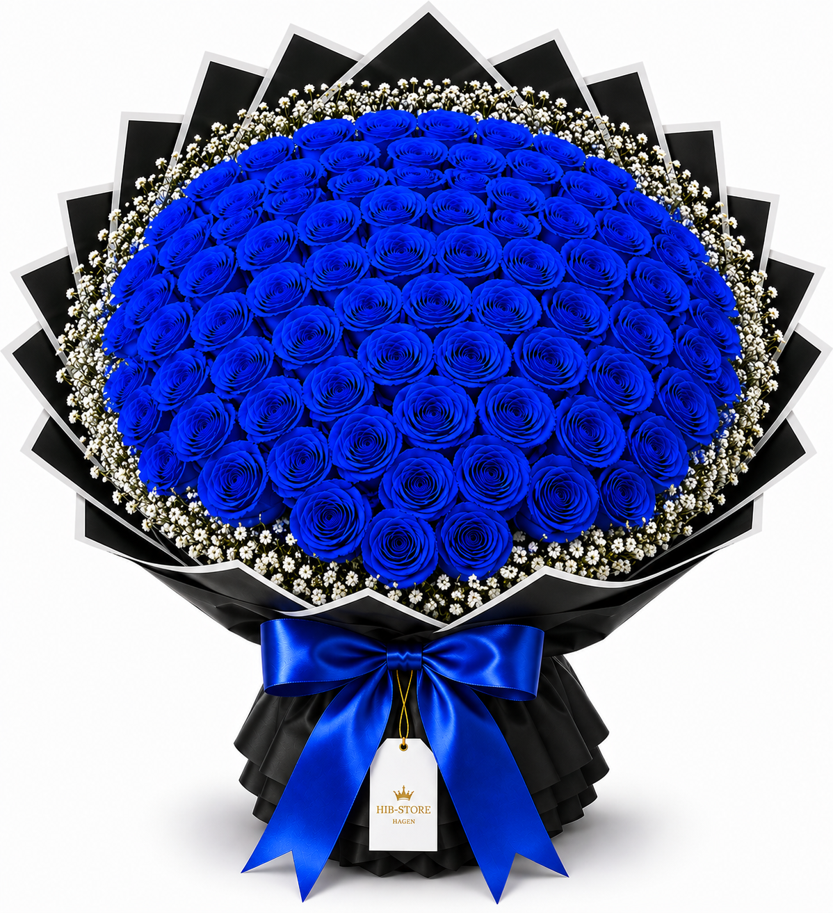 Blaue Echte-Rosen mit Schleierkraut – Premium Rosenstrauß | 25–100 Rosen