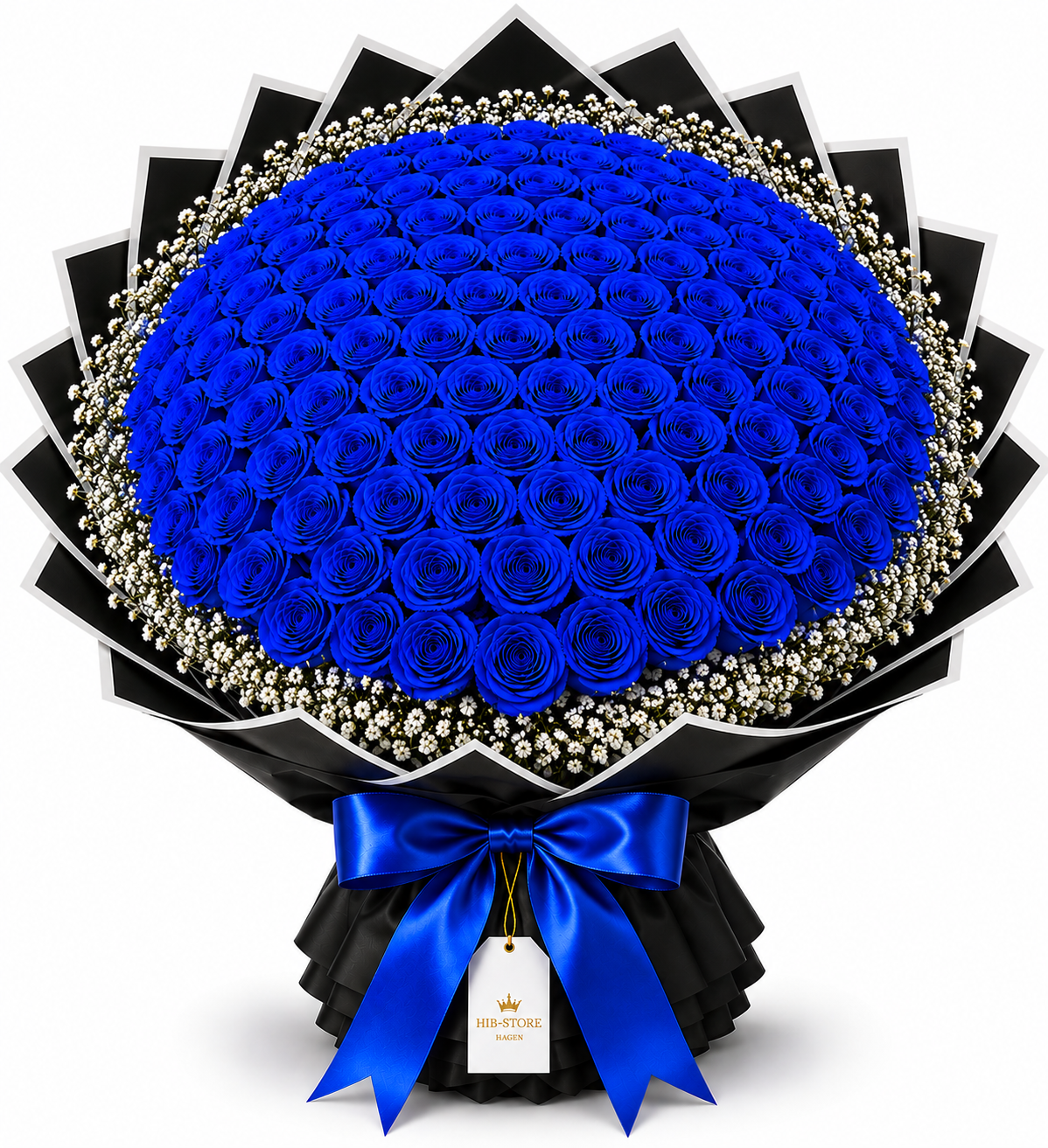 Blaue Echte-Rosen mit Schleierkraut – Premium Rosenstrauß | 25–100 Rosen