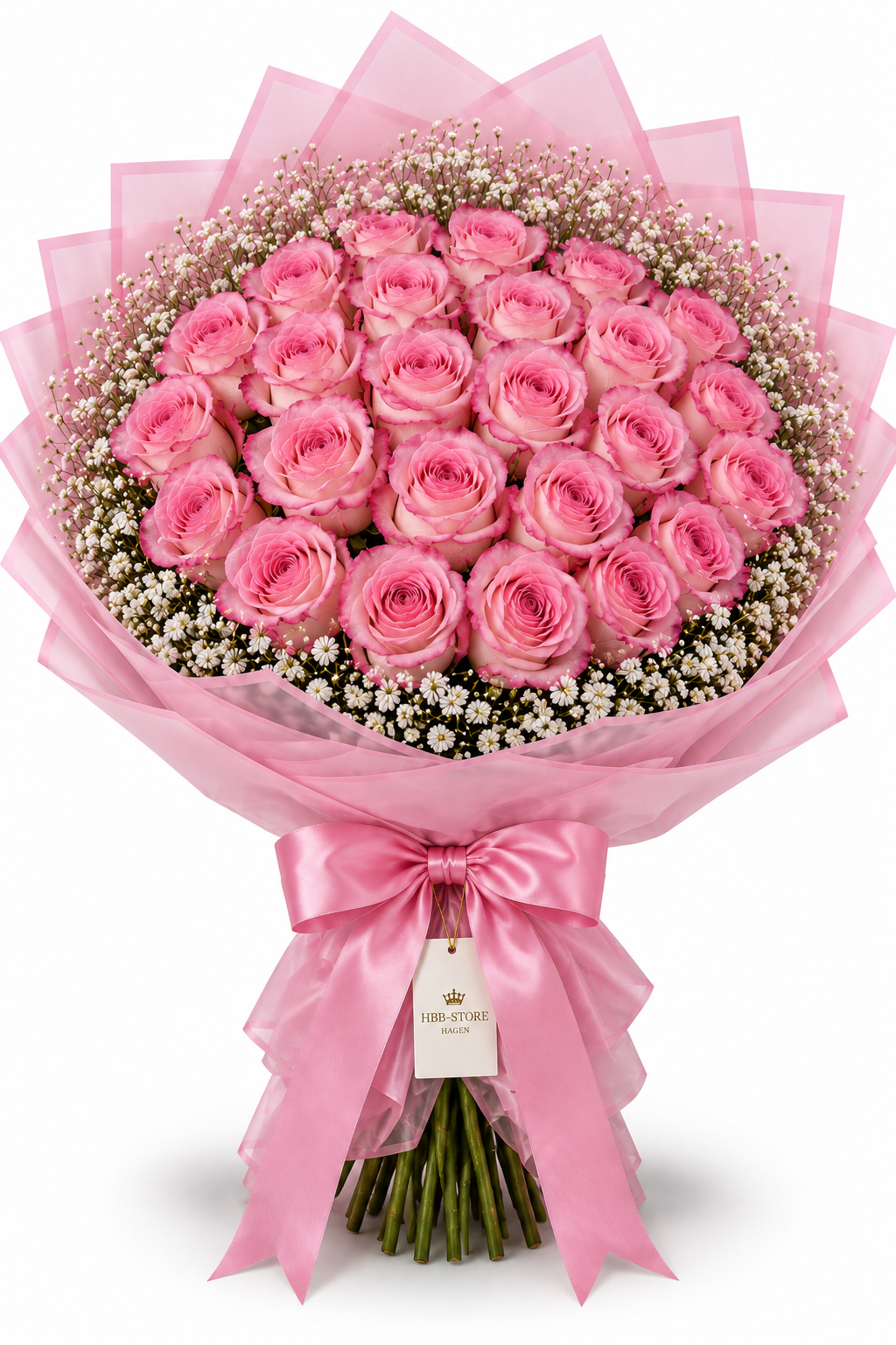 Pinke Echte-Rosen mit Schleierkraut – Premium Rosenstrauß | 25–100 Rosen