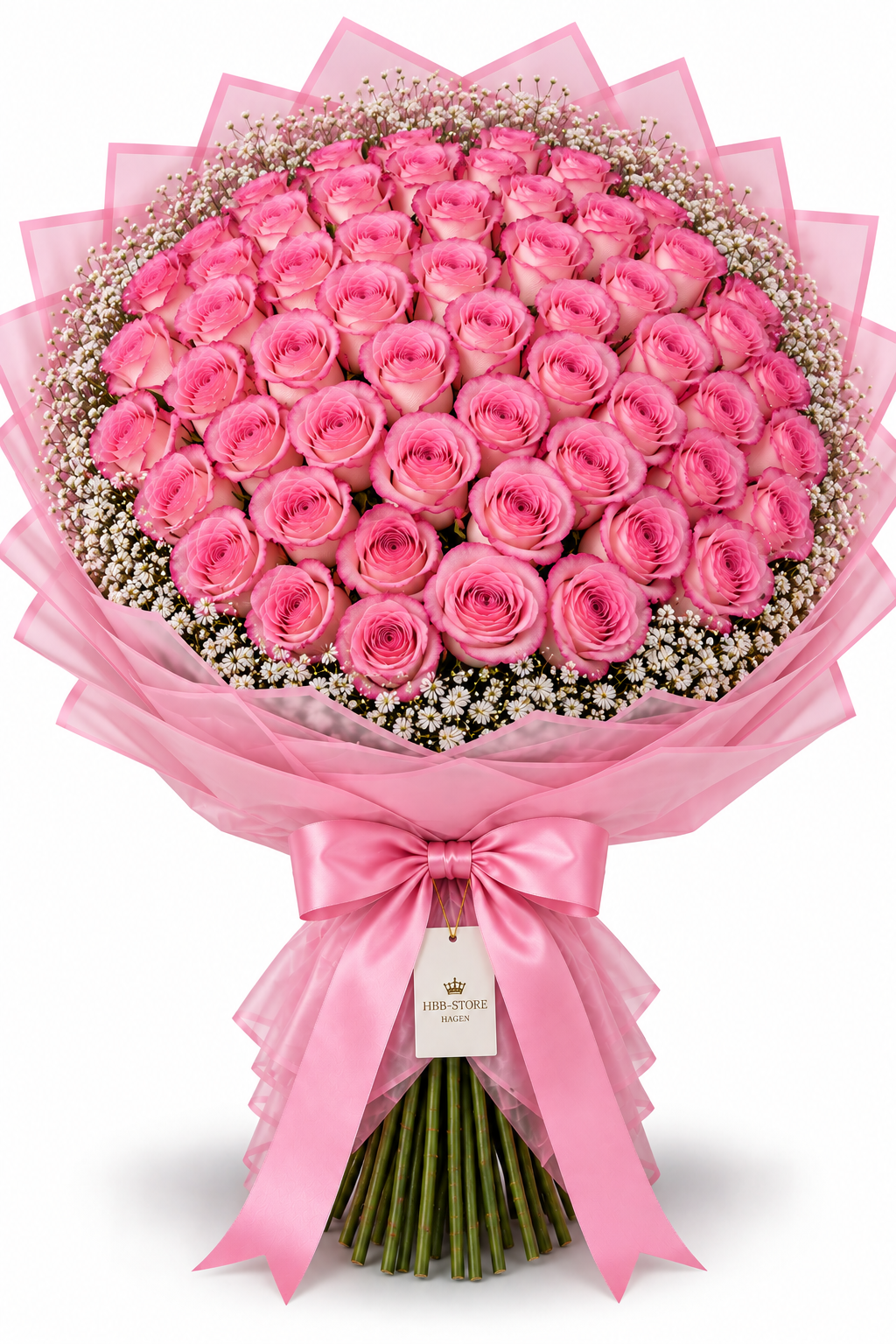 Pinke Echte-Rosen mit Schleierkraut – Premium Rosenstrauß | 25–100 Rosen