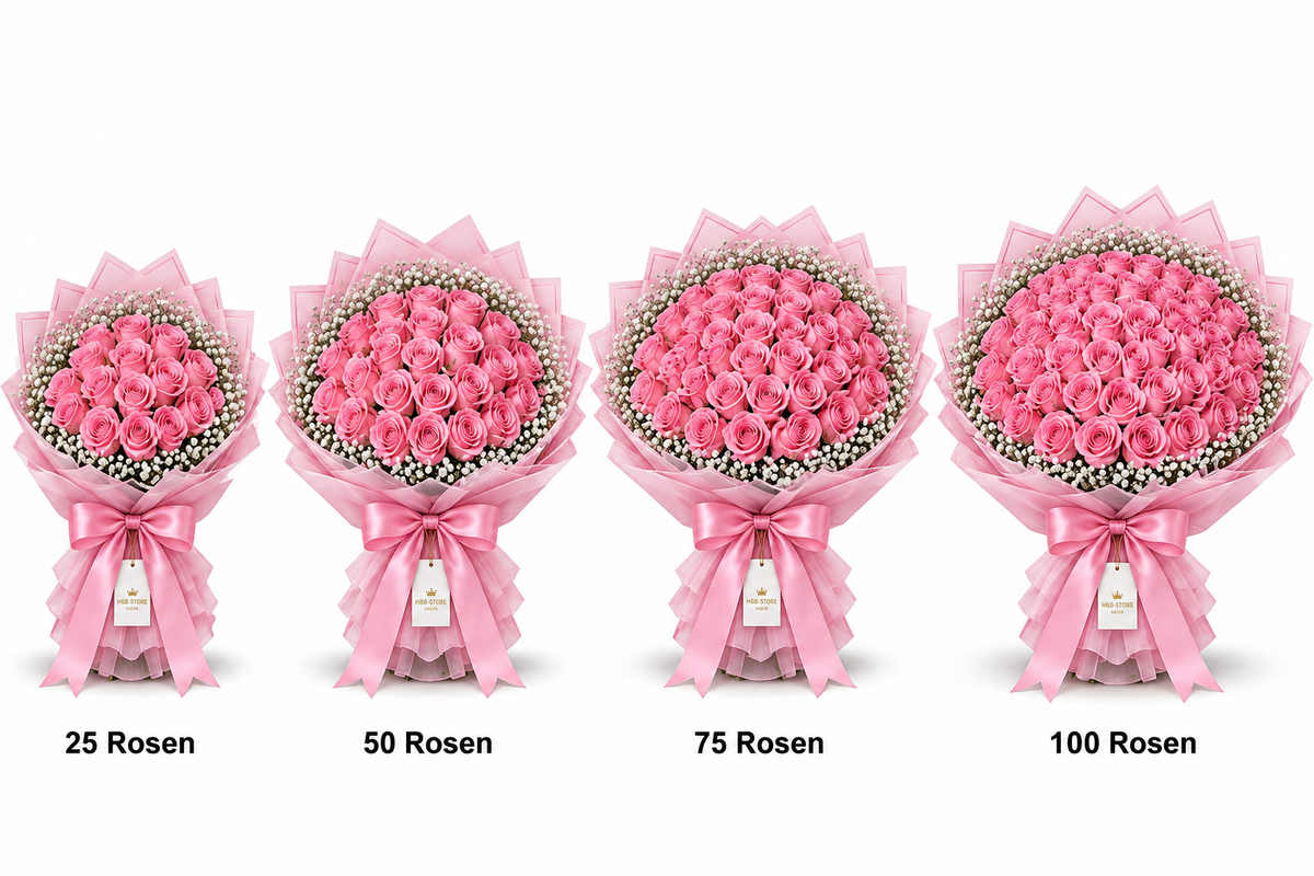 Pinke Echte-Rosen mit Schleierkraut – Premium Rosenstrauß | 25–100 Rosen