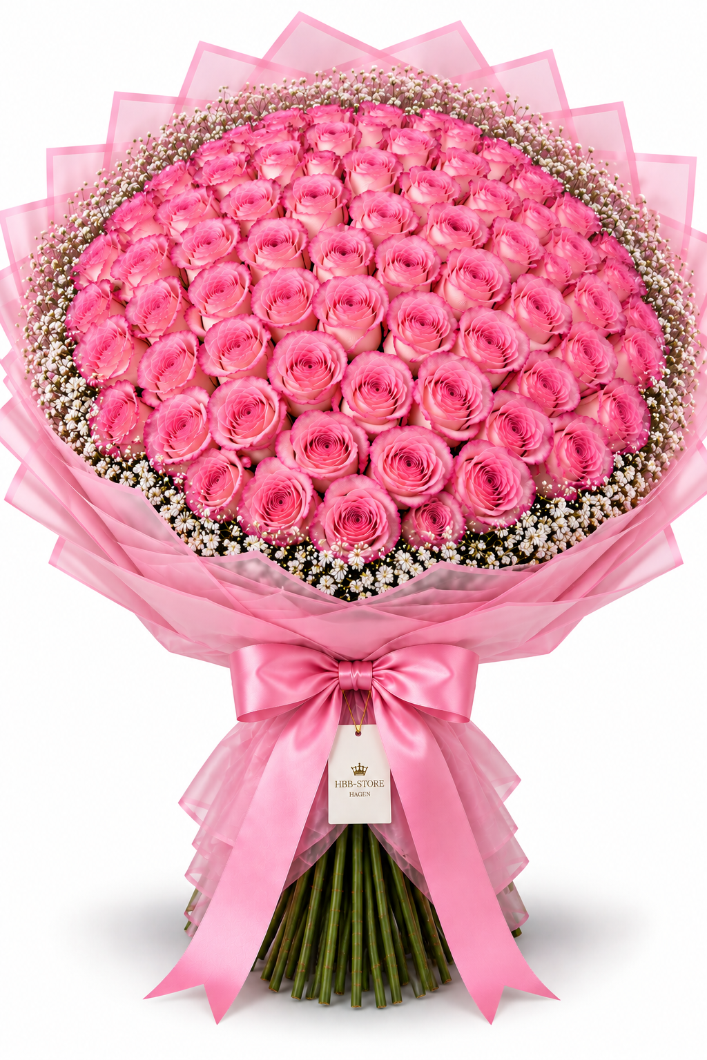 Pinke Echte-Rosen mit Schleierkraut – Premium Rosenstrauß | 25–100 Rosen